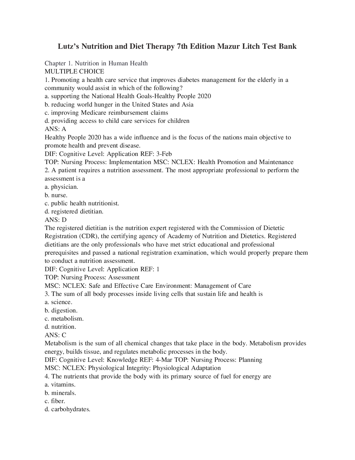 Lutz's Nutrition and Diet Therapy 7th Edition by Mazur and  Litch | TEST BANK Answers and cheat sheets